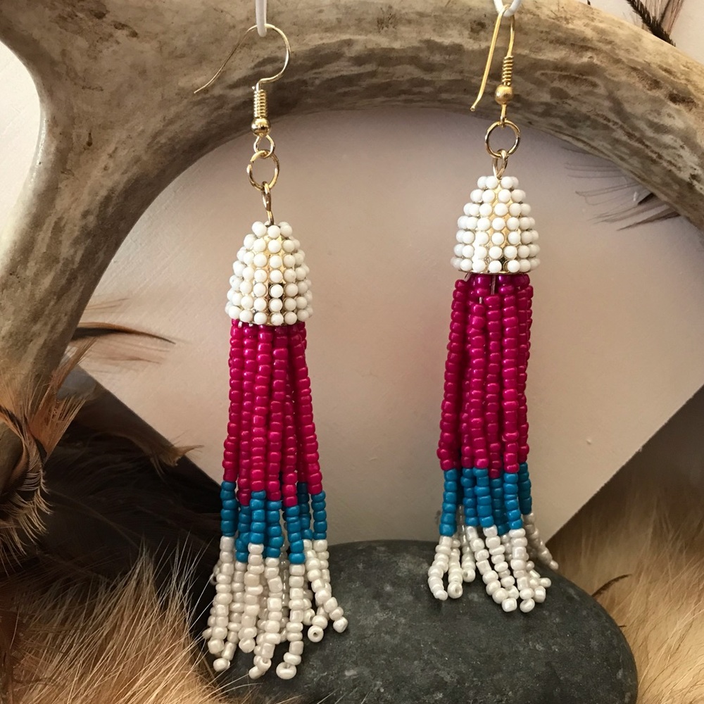 Fuchsia,turquoise,white glass bead tassel earrings